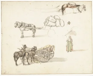 カートと立っている女性の農民に関するいくつかの研究